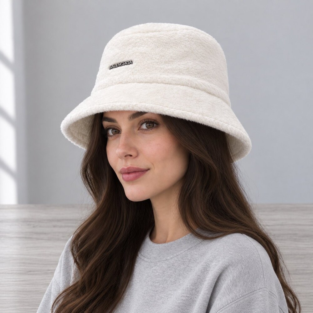 Balenciaga White Faux Fur Bucket Hat - Picture 3 of 6